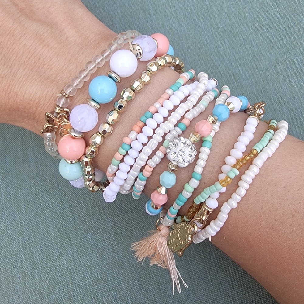 Set of 12 Beaded Charm Bracelets – Boho Layered Stack, Mixed Charms
